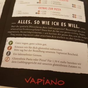 Vapiano Speisekarte glutenfrei